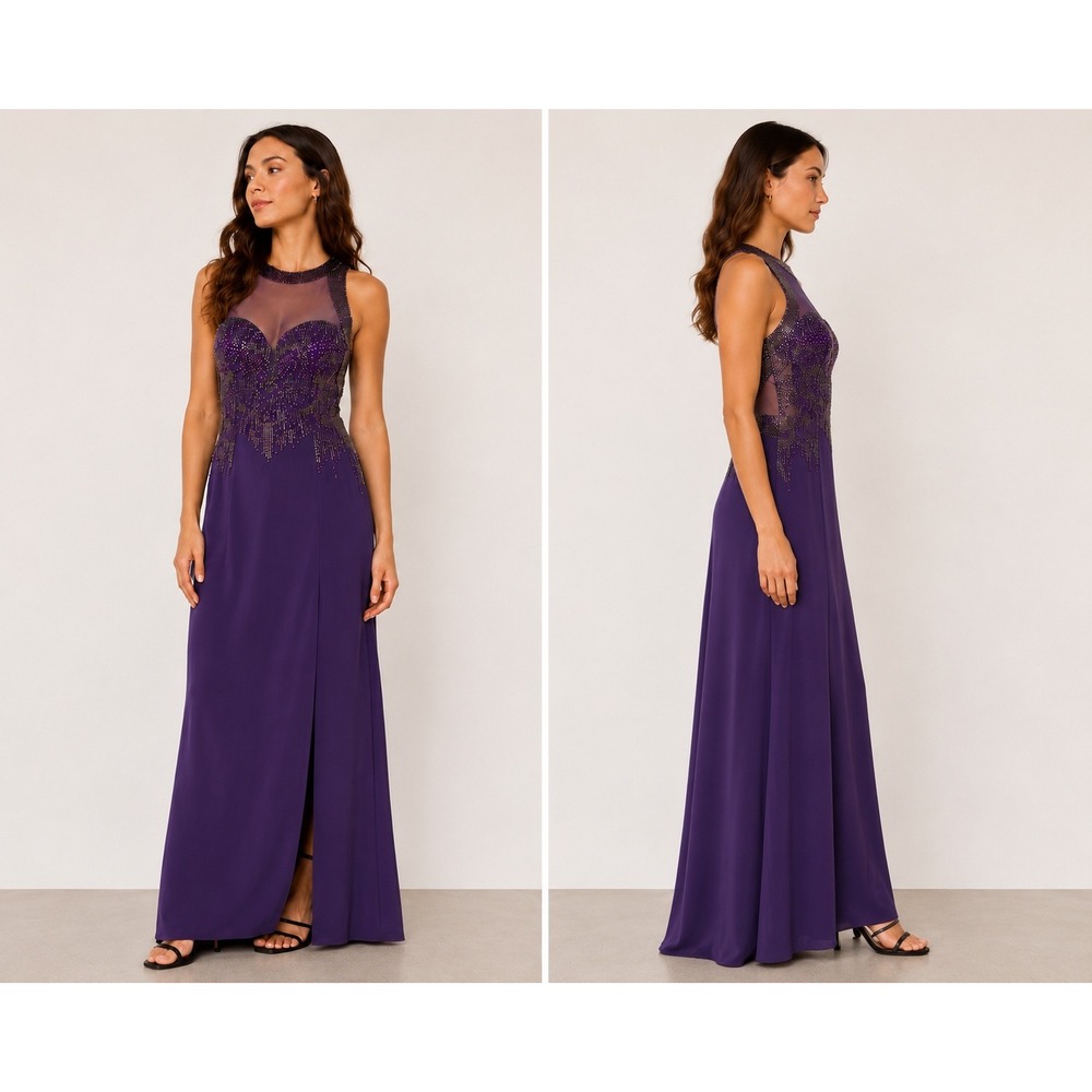 Alyce Designs Purple Beaded Mesh Racerback Evening Gown Dress Size 10